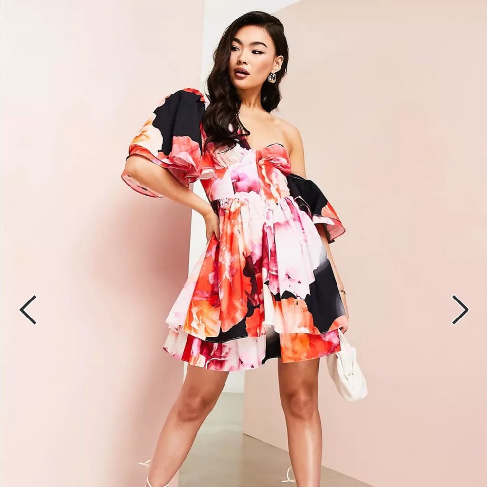 ASOS LUXE one shoulder cotton dress with corset detail and ruffles in floral